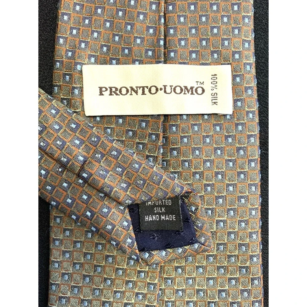 Vtg Y2K Pronto Uomo Handmade Silk Neck Tie Mens Textured Brown Blue Square Tech
